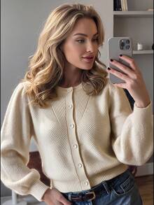 Women's Fashion White Button-Front Cardigan, Long Sleeve, Ribbed Hem, Regular Length, High Elastic Fabric, Suitable For Autumn Wear. - Apricot - View 1