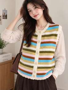 Alicedudu Women's Autumn Casual Cute Colorful Striped Ribbed Front Button Vacation Beach Knit Cardigan Vest - Multicolor - View 1