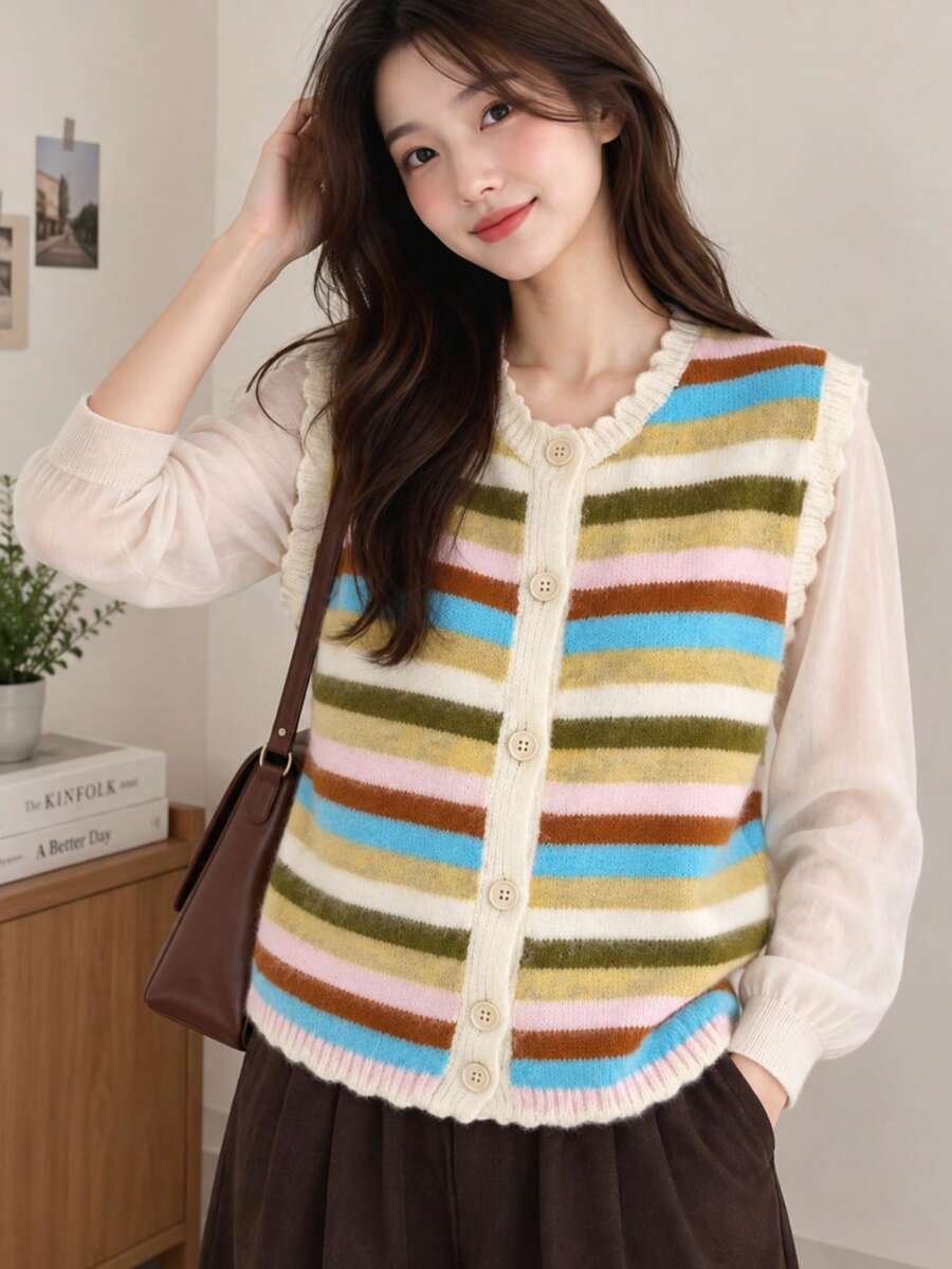 Alicedudu Women's Autumn Casual Cute Colorful Striped Ribbed Front Button Vacation Beach Knit Cardigan Vest - Multicolor - View 1