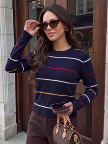 Halloween Christmas New Year Navy Stripe Knit Top Women Slim Cropped Long Sleeve Crew Neck Retro Preppy Holiday Party Tee - Navy Blue - View 3