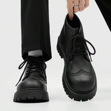 Men's High-Top Combat Boots, Non-Slip Thick Sole, Solid Color Stitching, Suitable For Outdoor Hiking, Casual Wear And Work - Black - View 4