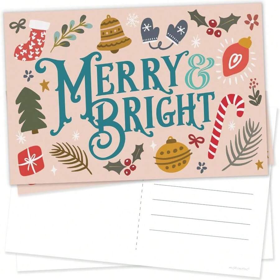 Invites Merry & Bright Christmas Postcards Holiday Greetings - Cute Illustrated Post Cards For Winter - 50 Count - View 1