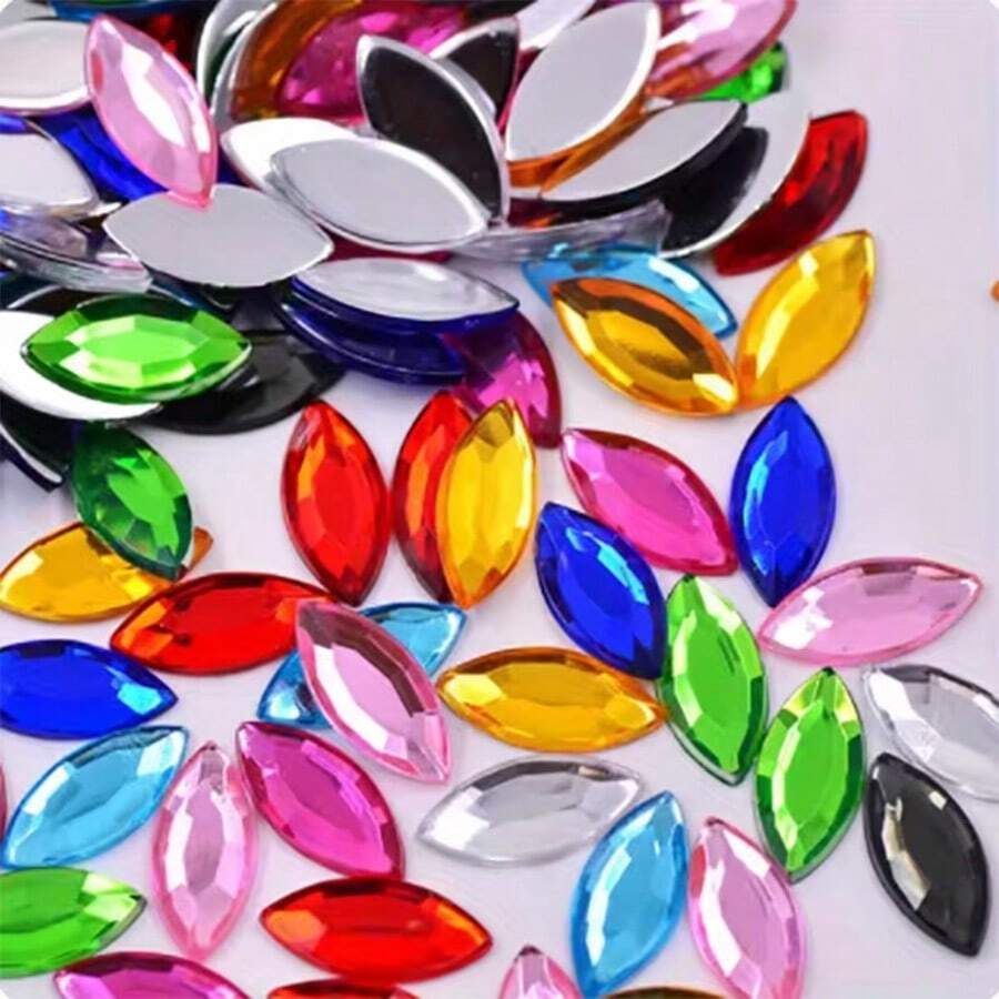 200pcs 0.7 * 1.5 Cm/0.27 * 0.59 Inch Randomly Mixed Color Flat Bottomed Acrylic Horse Eye Shaped Rhinestones, Suitable For DIY Jewelry Making And Wedding Decoration - Color - View 1