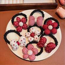 2pcs Velvet Red Flower Hair Tie, Cute Polka Dot Bow Scrunchie, Christmas Color Hair Accessory, Sweet Floral Hair Band For Daily Wear - Multicolor - View 1