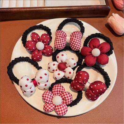 2pcs Velvet Red Flower Hair Tie, Cute Polka Dot Bow Scrunchie, Christmas Color Hair Accessory, Sweet Floral Hair Band For Daily Wear