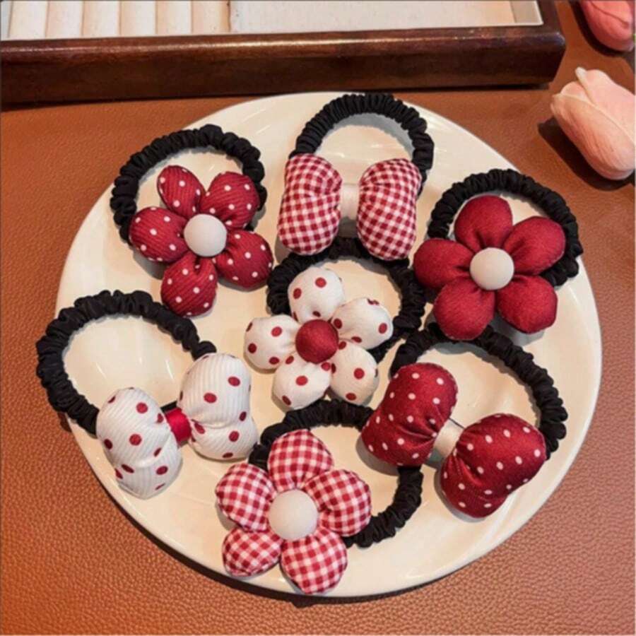 2pcs Velvet Red Flower Hair Tie, Cute Polka Dot Bow Scrunchie, Christmas Color Hair Accessory, Sweet Floral Hair Band For Daily Wear - Multicolor - View 1