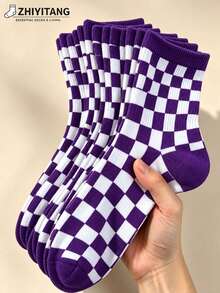 ZHIYITANG 1 Pair/4 Pairs Women's Checkerboard Mid-Calf Socks, Retro Contrast Color Checkerboard Pattern, Soft & Comfortable Women's Mid-Calf Socks, Suitable For Spring & Autumn Daily Wear, Fashionable Street Casual Versatile Socks - Multicolor - View 6