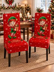 1pc Red Christmas Elf Dining Chair Cover, Cute Cartoon Elf Snowflake Merry Christmas Print, Stretch Spandex High Back Full Coverage Slipcover, Removable Washable Chair Protector For Kitchen Dining Room Holiday Party - Multicolor - View 3