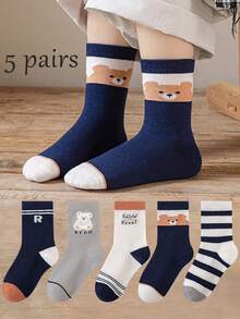 5 Pairs Medium-Thick Kids Socks For Spring, Autumn And Winter, Cute Cartoon Bear Boys And Girls Socks, Navy Blue - Multicolor - View 1