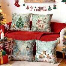4pcs/1pc Icy Forest Animal Christmas Pattern Pillowcase Without Insert, Single Sided Printed Pillowcase, Suitable For Living Room Bedroom Home Decor, All Season Pillowcase - Multicolor - View 2