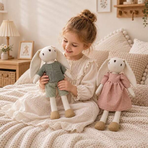 [Gift Rabbit]1 pieza Muñeco de conejo de tela hecho a mano con orejas largas y atuendos intercambiables, regalo de cumpleaños, vacaciones y Pascua para niños