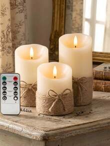 3pcs Hemp Rope Tie Simulated Flame LED Electronic Candle Lights, Remote Control Timer Flickering Flame, Vintage Country Style Desktop Decor, Christmas Holiday Party Wedding Creative Gift - Beveled Hemp Rope - View 1