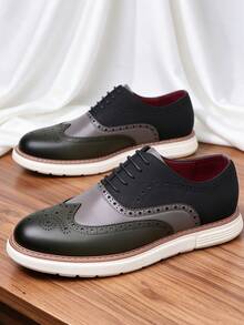 QRLQRL 1 Pair Men's Contrast Color Round Toe Low-Top Lace-Up Brogue PU Upper EVA Sole Non-Slip Flat Heel Casual Shoes Suitable For Weekend Wear - Green - View 3