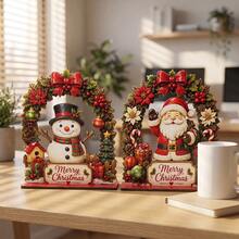 1/2pcs Vintage Santa Claus & Snowman Wooden Decorative Figurines, Wreath Arch Design, Rustic Style, Suitable For Home, Holiday Party, Country Dining Table Decor Gift, Christmas Decoration - Christmas Ornament - View 8