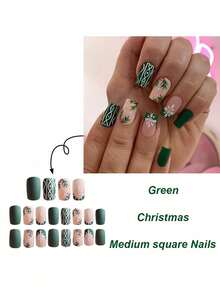 24pcs Medium Square False Nails, Christmas Snowflake Striped Matte Press-On Nails, Full Coverage Removable Nail Set, Perfect For Ladies' Parties, Dances, And Everyday Wear - Army Green - View 3