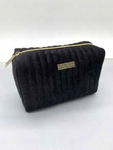 Portable Plush Black Striped Travel Makeup Bag With Metal Brand Logo, Toiletries Storage Cosmetic Bag For Personal Use Or Gift - Shiseido Makeup Bag - Black - View 10