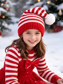 1Pc Kids Santa Knit Beanie Red White Striped Winter Hats For Girls Boys Teens Baby Essentials For Party Costume And Christmas Gift - Multicolor - View 5