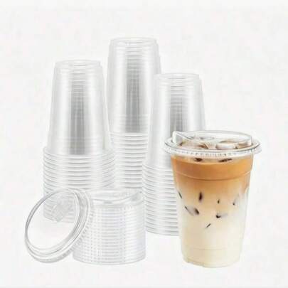 100/50/40/30/20/10/1 pieza Vasos de alta transparencia para bebidas frías con tapas, adecuados para té con leche, jugo, café helado y diversas bebidas frías, uso en el hogar, para llevar, fiestas, picnics, tiendas de bebidas, reforzados, resistentes a roturas, buen sellado, vasos de embalaje de bebidas portátiles, diseño de tapa abatible para beber sin pajita, múltiples capacidades disponibles