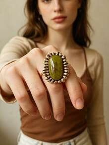 ZAA Green Oval Statement Ring, Vintage Sculptural Jewelry, Bold Cocktail Ring For Women - Resin Stone Ring - View 11