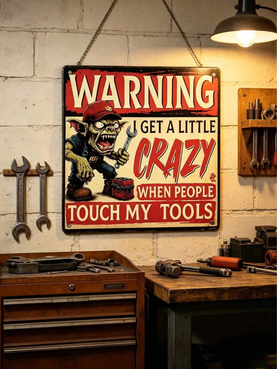 2D平面 1件裝復古木製警告牌「Warning: If Anyone Touches My Tools」裝飾牆飾,鄉村風黃黑配色木製掛牌,適用於居家、酒吧、咖啡廳、農舍,無需用電 - TM1 - 查看 1