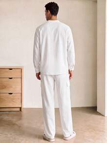 Voidago 2pc Set Men's Casual Stand Collar Button Front Long Sleeve Loose Breathable Lightweight Shirt And Solid Color Pants - White - View 2