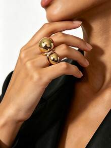 1pc Vintage Luxury Style Wrapped Gold Metal Double Large Round Black Faux Gemstone Open Ring, Exaggerated Heavy Crafting Personalized Banquet Outfit Accessory For Women - Yellow Gold - View 4