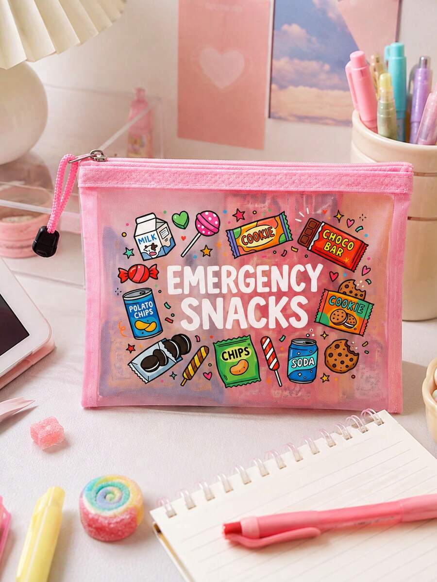 Mesh Makeup Bag With Cute Cartoon Snack Patterns, Multifunctional Makeup Bag That Can Store Snacks, Portable Storage Bag, Holiday Essential, Snack Storage Bag, Travel, Dorm, Bridal Gift, Birthday Gift - Multicolor - View 1