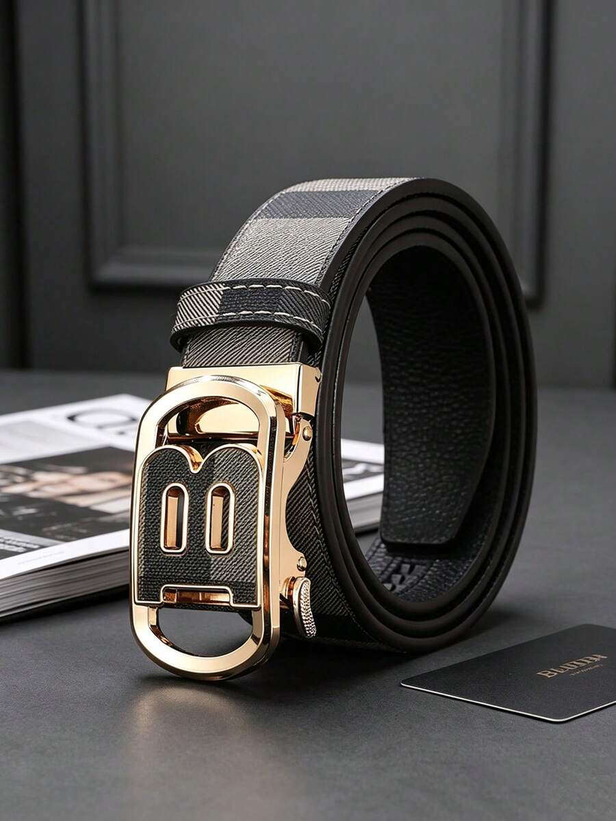 1pc Top Grain Leather B Plaid Automatic Buckle Belt For Men, Versatile Korean Style Business Waist Strap For Adults - Multicolor - View 1
