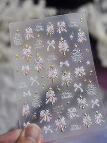Sweet Pink Xmas Nail Stickers 1Sheet, 3D Embossed Ribbon Bow Christmas Tree Pearl Star Pattern Self-Adhesive Nail Decals, DIY Nail Art Decorations - Multicolor - View 5