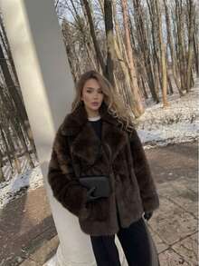 OFTBUY Solid Color Regular Notch Lapel Long Sleeve Faux Fur Fine Velvet Women's Jacket, Loose Casual Streetwear For Autumn/Winter - Coffee Brown - View 4