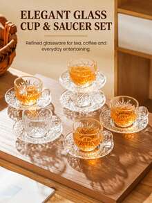 1 Set, Luxury Glass Coffee Cup & Saucer Set, Perfect For Afternoon Leisure, Transparent Design 6pcs, 2.8 Oz/80ml, Espresso Cup, Suitable For Home & Party - Multicolor - View 1