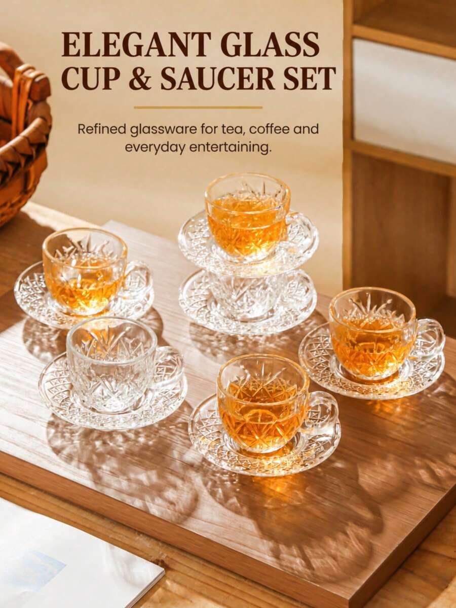 1 Set, Luxury Glass Coffee Cup & Saucer Set, Perfect For Afternoon Leisure, Transparent Design 6pcs, 2.8 Oz/80ml, Espresso Cup, Suitable For Home & Party - Multicolor - View 1