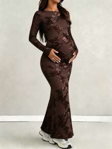 Maternity Jacquard Mesh Patchwork Casual Party Dress - Coffee Brown - View 9