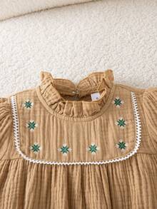 Autumn/Winter Baby Girl Cute Double Layer Cotton Gauze Bodysuit & Ruffle Collar Embroidered Puff Sleeve Stylish Outing Romper & Ribbon Bow Socks - Mustard Yellow - View 5