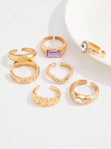 Gold Rhinestone Multi-Piece Stackable Rings, Vintage Rectangular Crystal Mixed Style Women's Exaggerated Knuckle Rings, Daily Party Jewelry - Multicolor - View 6