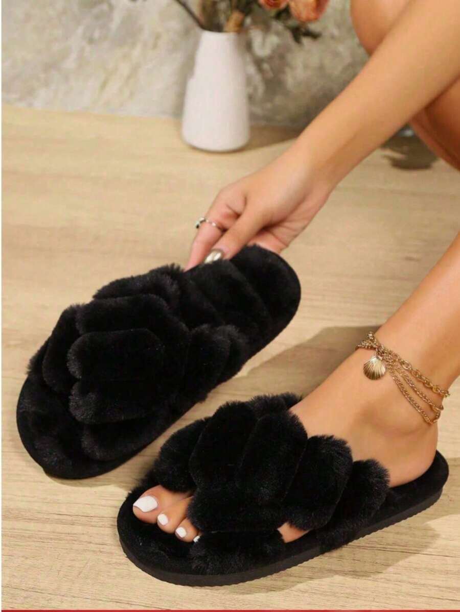 Women's Cross Fuzzy Slip-On Slippers, Comfortable Indoor Home Style, Great Gift, Open Toe Design, Warm, Suitable For Autumn/Winter Wear - Black - View 1