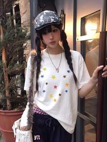 Soft Girl Style Colorful Star Graffiti Print Short Sleeve T-Shirt, White Loose Round Neck Ins Top, Korean Minimalist Summer Slimming Versatile Basic Casual Tee - White - View 1