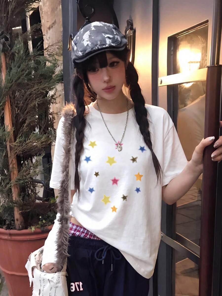 Soft Girl Style Colorful Star Graffiti Print Short Sleeve T-Shirt, White Loose Round Neck Ins Top, Korean Minimalist Summer Slimming Versatile Basic Casual Tee - White - View 1