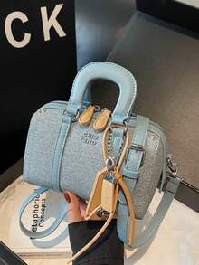 Women Fashionabel Retro Denim‑Print Boston Handbag, Mini PU Spliced Top‑Handle Bag, Chain Decor Crossbody Shoulder Purse With High-End Texture - Multicolor - View 4