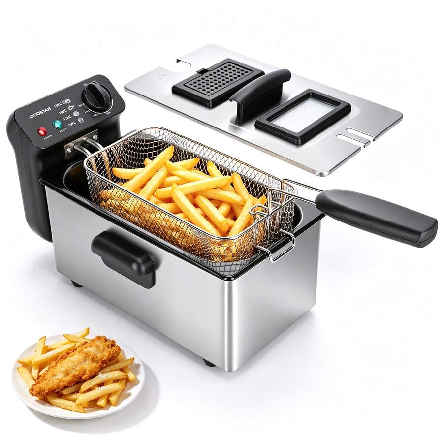 Aigostar 3 Litre Deep Fat Fryer With Viewing Window, 2200W Deep Fryer With Temperature Control, Easy Cleaning, Stainless Steel, Removable Oil Basket, Silver - Ushas