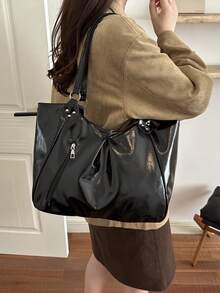 Large Capacity Women's Tote Bag, Minimalist Versatile Shoulder Bag, Commuter Style For Work And Outings - Black - View 3