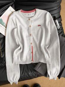 Autumn Casual Versatile Letter Embroidered Cardigan - Grey - View 7