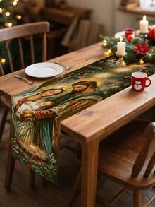 1PC Polyester Christmas Nativity Scene & Holly Berry Pattern Rectangular Table Runner, Religious Holiday Style 100% Polyester Table Runner With Vibrant Holy Family & Star Details, Wrinkle-Resistant & Easy To Wash - A - View 2