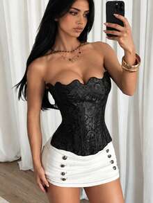 Apperloth A Áo crop top bustier ôm sát phong cách Gothic màu đen họa tiết xương, cổ gợn sóng jacquard, lưng dây buộc định hình cho nữ, phù hợp đi học lại, Halloween, tiệc rave - màu đen - Xem 4
