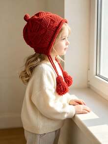 Autumn/Winter Baby Knitted Earflap Hat, Cable Knit Tassel Children's Beanie, 2-9 Years Old Girls Versatile Hat - Multicolor - View 3