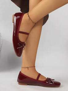 Women Retro Square Toe Bow Mary Jane Ballet Flats, Patent PU Single Strap Comfortable Daily Wear Shoes - Burgundy - View 5