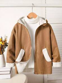 Jaket Hoodie Longgar Bolak-balik Bahan Suede Fleece untuk Remaja Perempuan Musim Gugur/Dingin dengan Kantong dan Kerah Lipat - Khaki - View 1