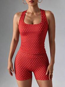 Women's Polka Dot Print Halter Tank Top & Shorts Set - Red - View 2