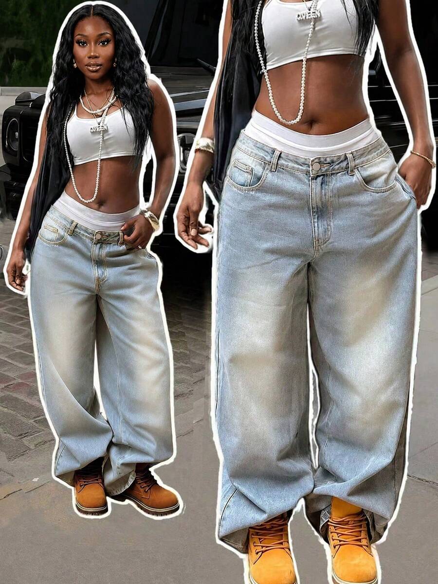 Plus Size Women's Mid-Waist Washed Denim Jeans, Vintage Distressed Non-Stretch Jeans Casual Spring Fall - Blue - View 1