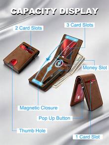 男士碳纖維 RFID 錢包,超薄彈出式信用卡夾,防盜卡套,雙折智能卡包,附 ID 視窗與鈔票夾層 - 咖啡 - 查看 5